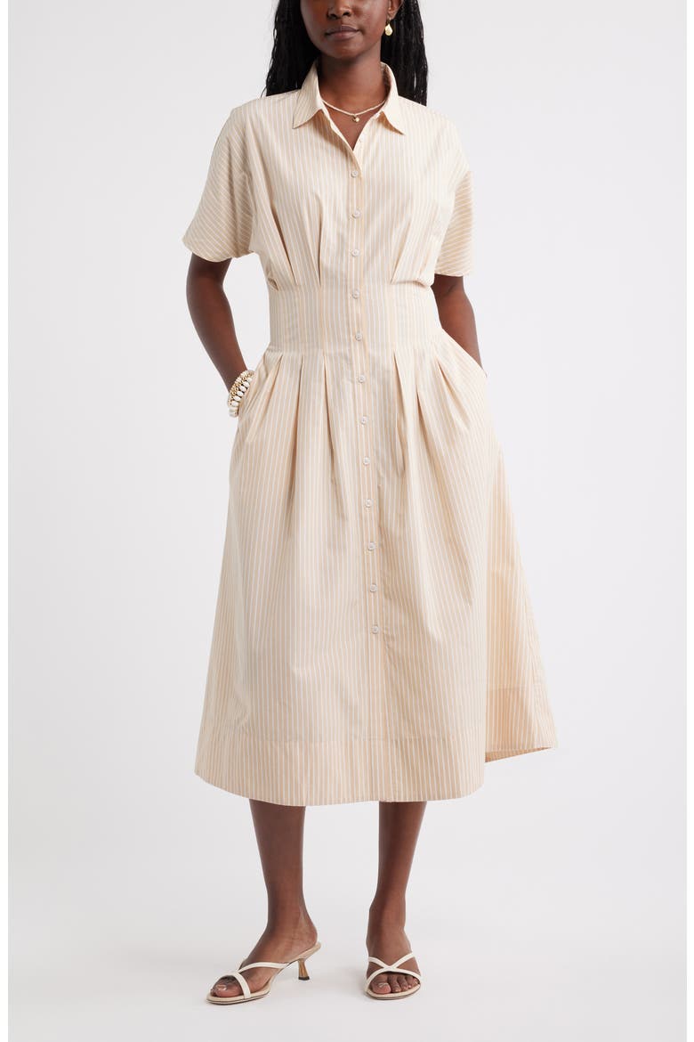 Stripe Pleated Dolman Sleeve Midi Shirtdress, Main, color, TAN SHORE-WHITE CORA STRIPE