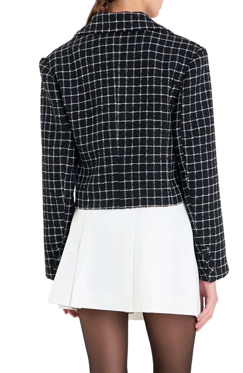 English Factory Windowpane Check Tweed Crop Blazer, Alternate, color, Black