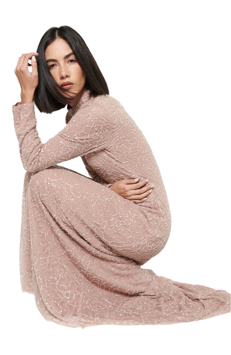 MARYISA Occasion Modest Embellished Sequin Beaded High Neck Evening Dress, Alternate, color,