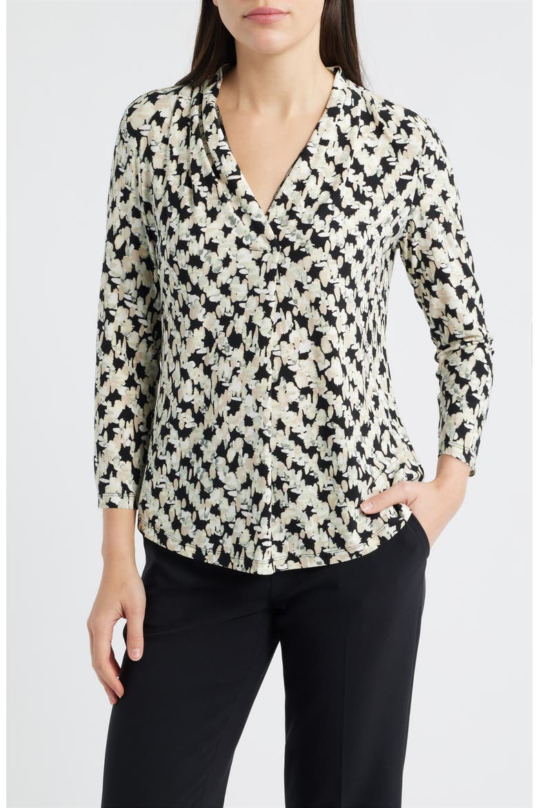Print Pleat Three-Quarter Sleeve Top, Main, color, ANNE BLACK MULTI