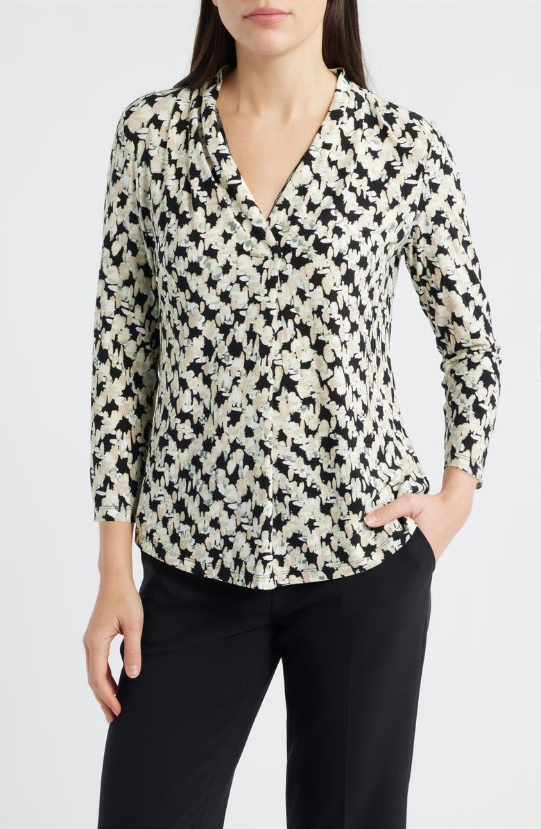 AK ANNE KLEIN Print Pleat Three-Quarter Sleeve Top, Main, color, Anne Black Multi