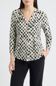 AK ANNE KLEIN Print Pleat Three-Quarter Sleeve Top