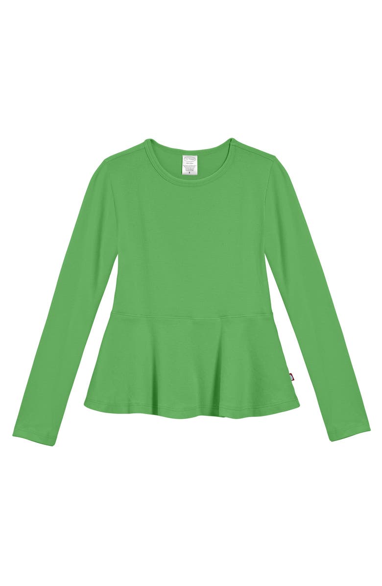 CITY THREADS Girls Soft Cotton Long Sleeve Peplum Tee, Main, color, Elf Green