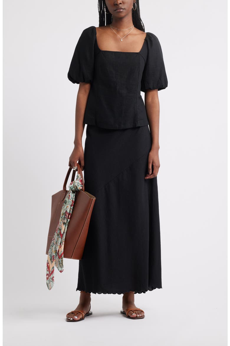 Scalloped Hem Linen Blend Maxi Skirt, Alternate, color, BLACK