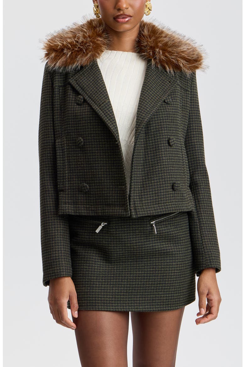 Cropped Houndstooth Peacoat with Detachable Faux Fur Collar, Alternate, color, NAVY/GREEN HOUNDSTOOTH