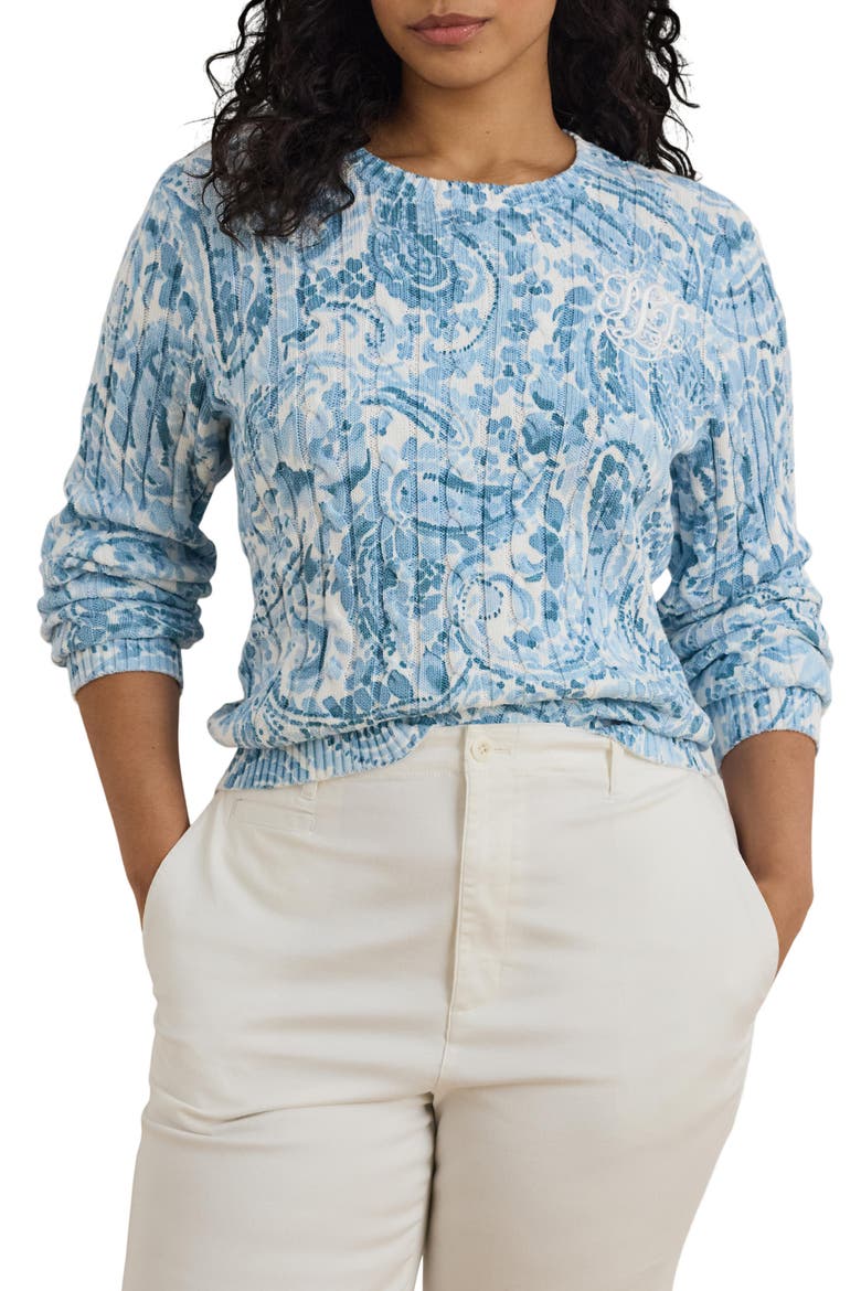 Paisley Cable Stitch Cotton Crewneck Sweater, Main, color, WHITE/ BLUE MULTI