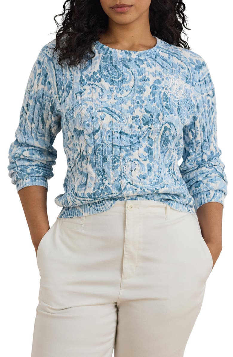 Lauren Ralph Lauren Paisley Cable Stitch Cotton Crewneck Sweater, Main, color, White/ Blue Multi