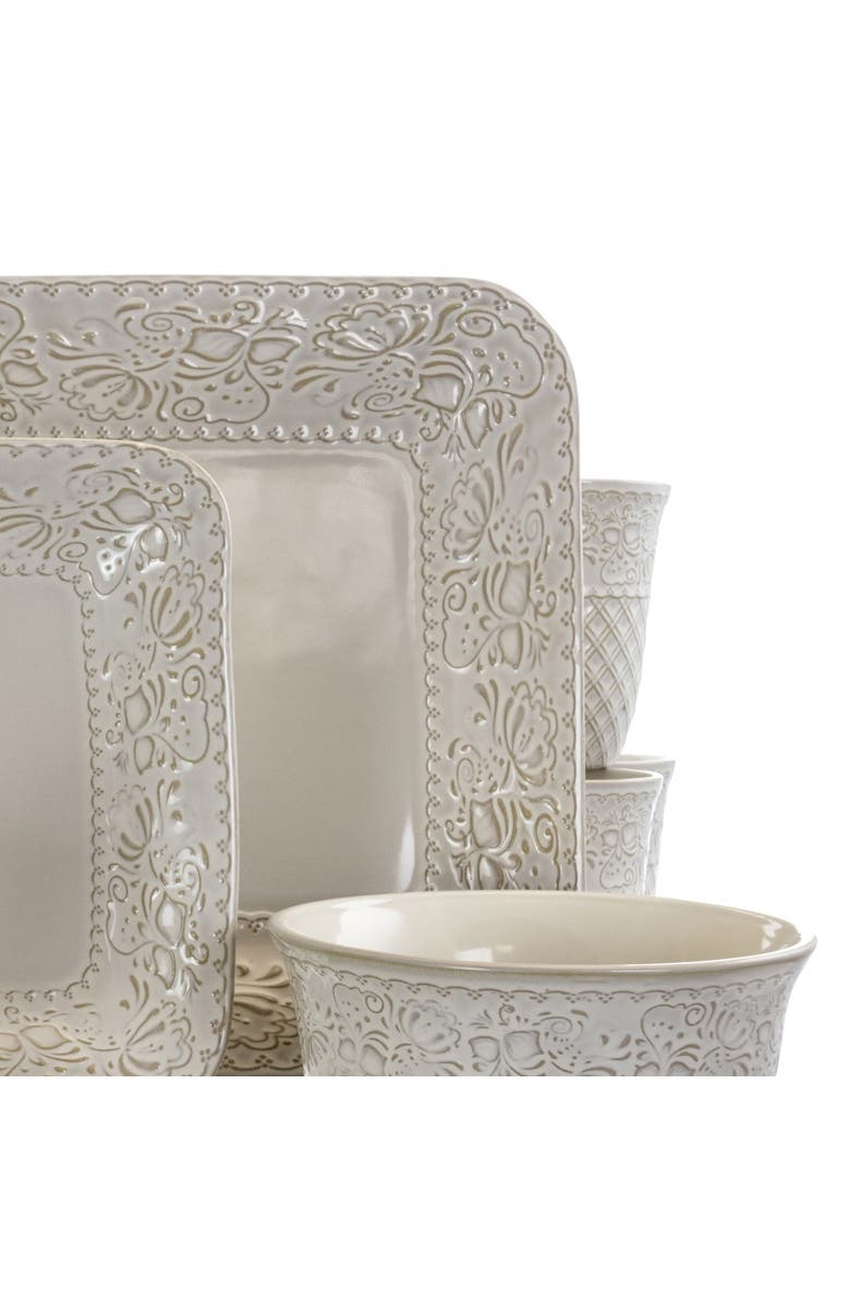 Elama Ivory Lotus 16 Piece Square Dinnerware Set, Alternate, color, White