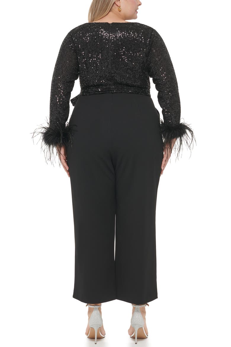 Sequin V-Neck Combo Jumpsuit with Feather Cuffs, Alternate, color, BLK
