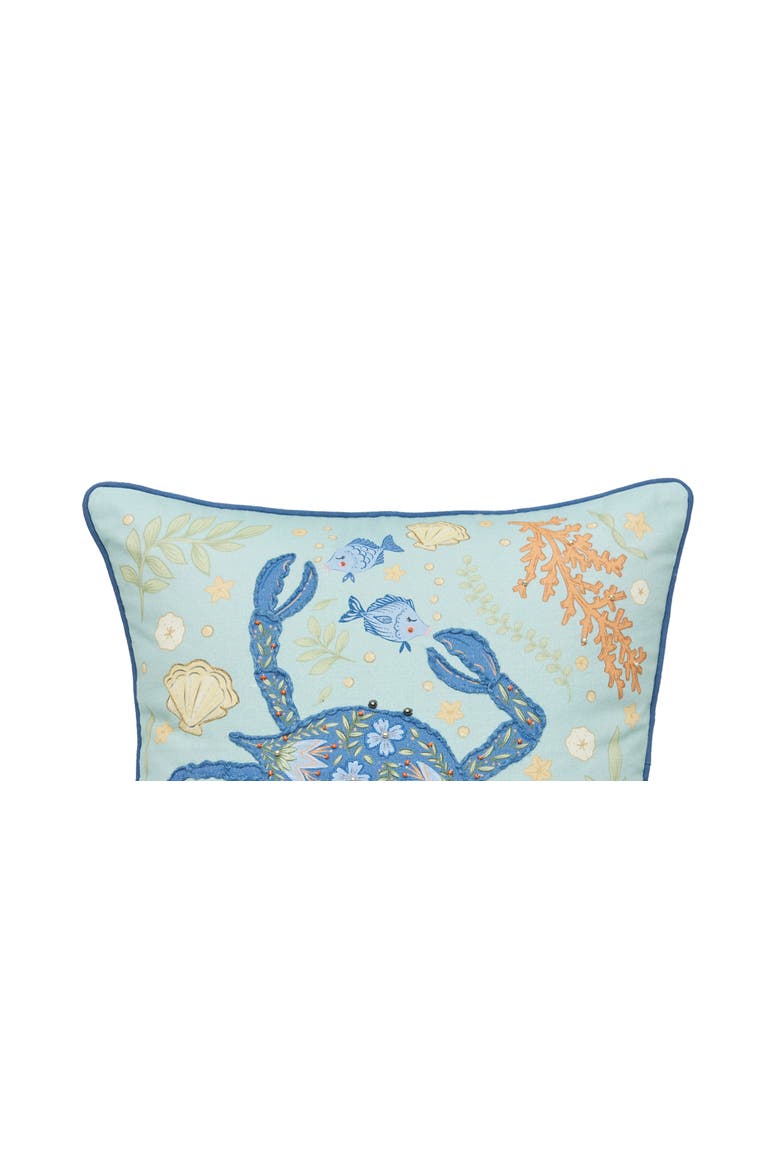 Blue Crab Coral Printed & Embellished Throw Pillow, Alternate, color, Blue