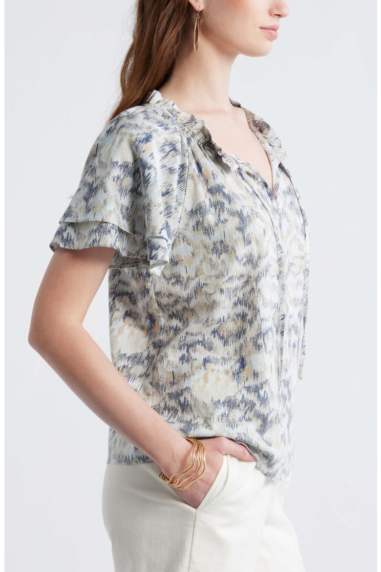 Shirred Botanical Print Linen Blend Top, Alternate, color, IVORY- BLUE B DAISY TAPESTRY
