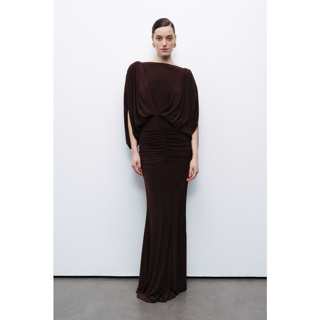 Shop Nocturne Draped Maxi Dress In Dark Brown