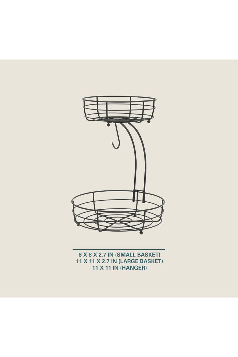 Harvest Season Two-Tier Metal Fruit Basket with Banana Hanger, Alternate, color, Black - 2 Tier