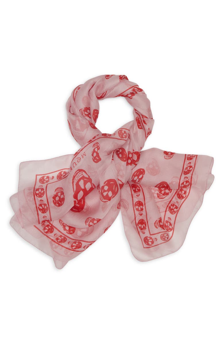 McQueen Skull Print Silk Scarf, Alternate, color, Rose/ Red