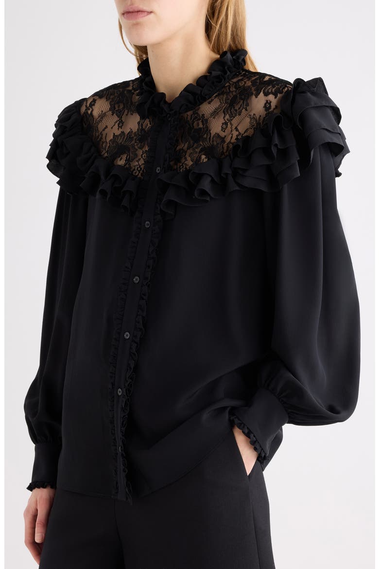 Silk Crepe de Chine Shirt with Lace Details, Alternate, color, BLACK