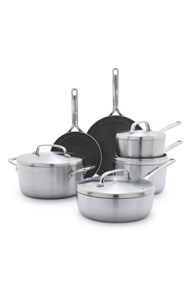 GreenPan GP5 10-Piece Nonstick Stainless Steel Cookware Set, Main, color, Stainless Steel