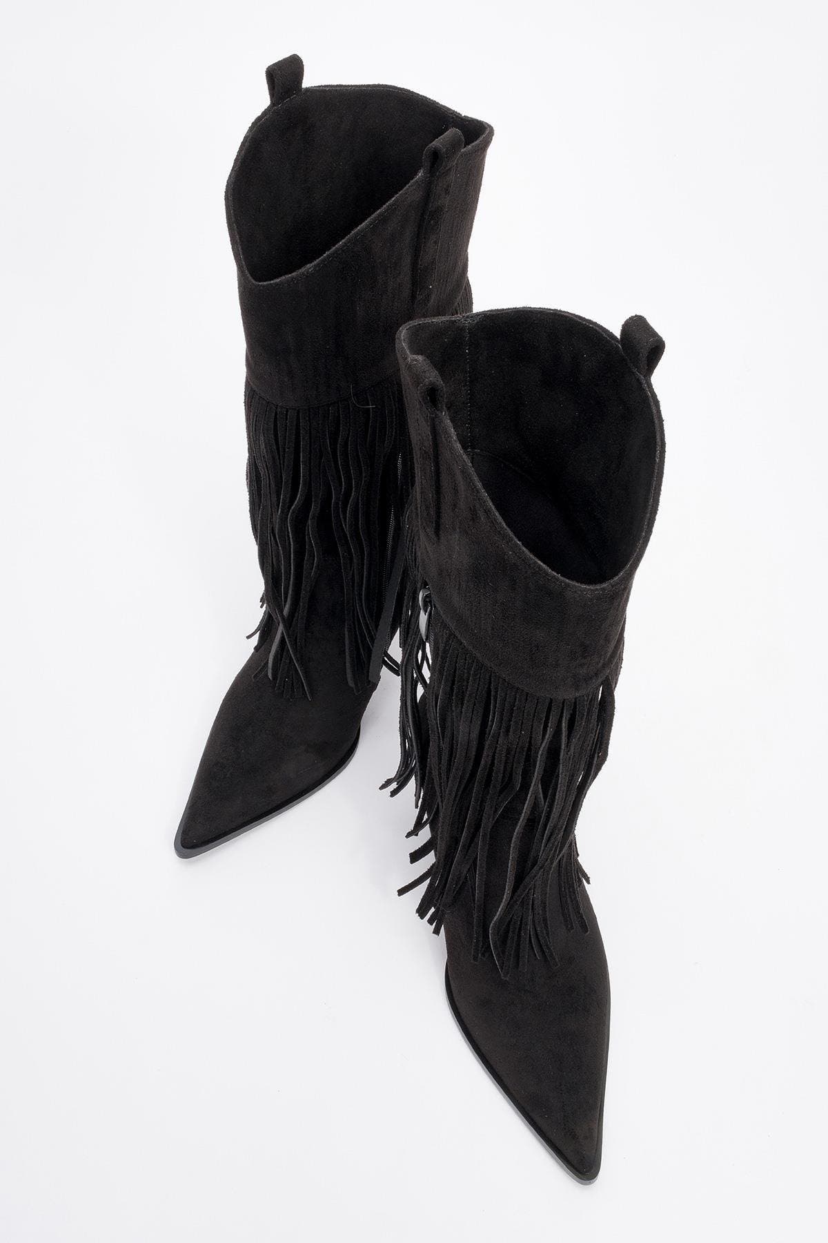 Prologue Shoes Gueras Fringe Pointed Toe Boot, Alternate, color, Black Suede Faux Leather