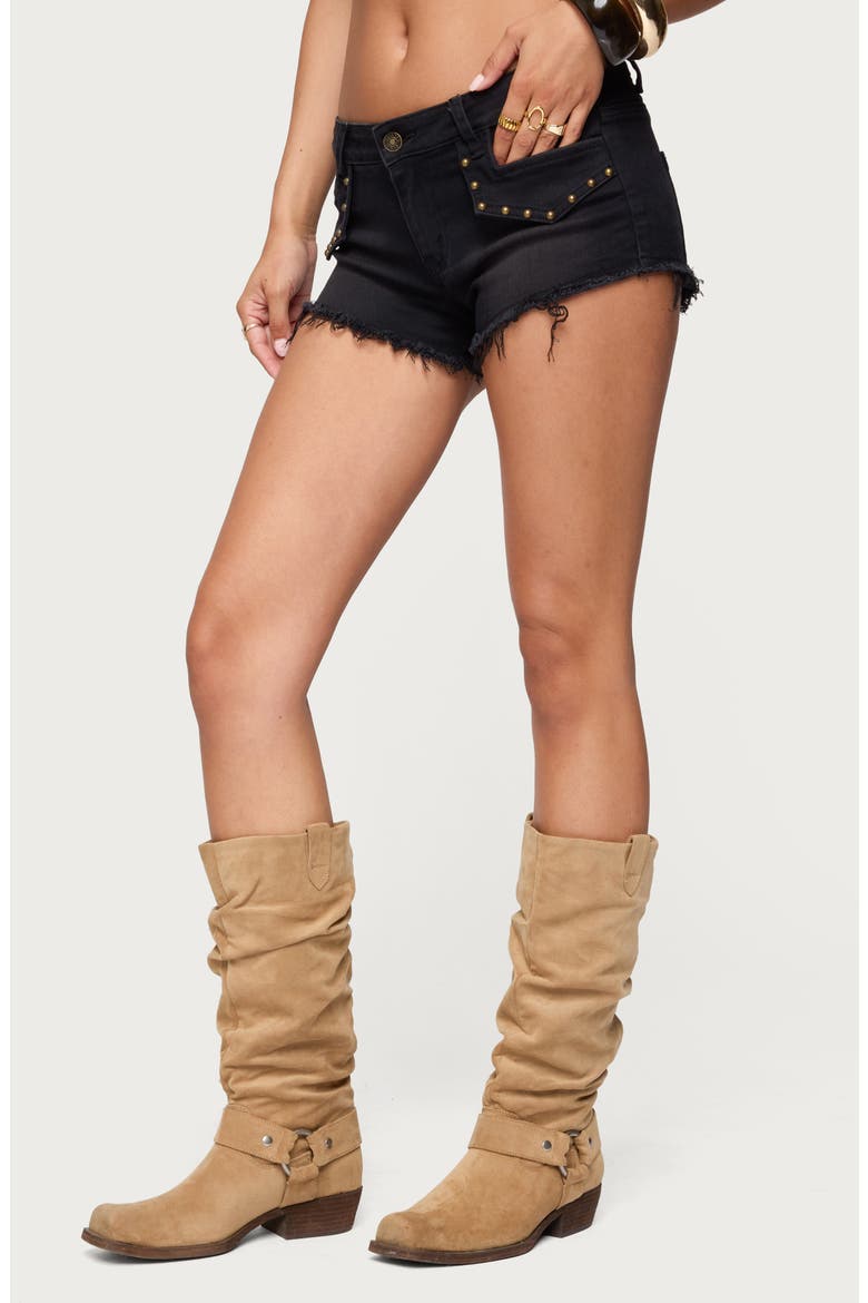 Studded Low Rise Denim Shorts, Alternate, color, BLACK