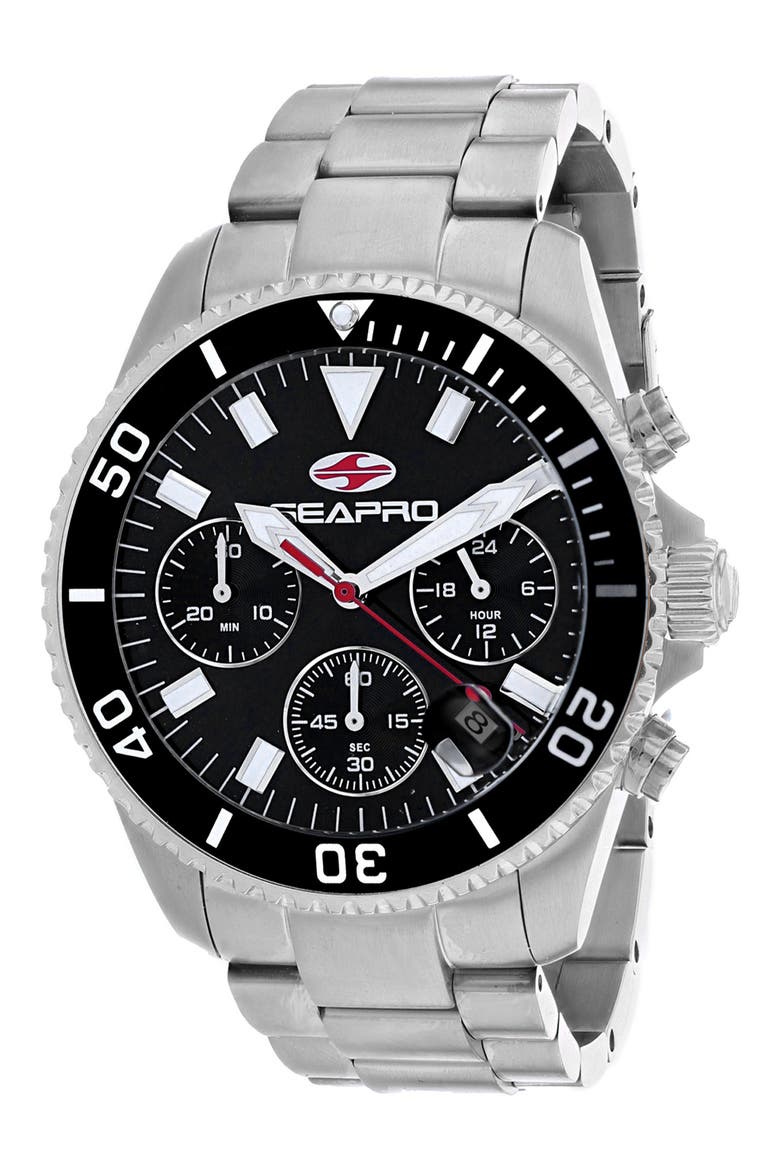 Scuba Stainless Steel Bracelet Chronograph Watch, Main, color, BLACK