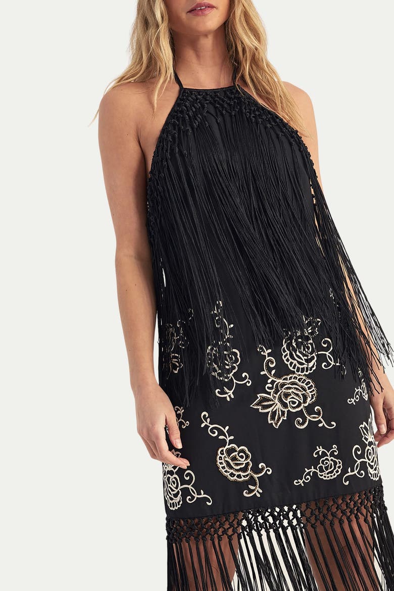 High Neck Tassel Mini Dress, Alternate, color, Black