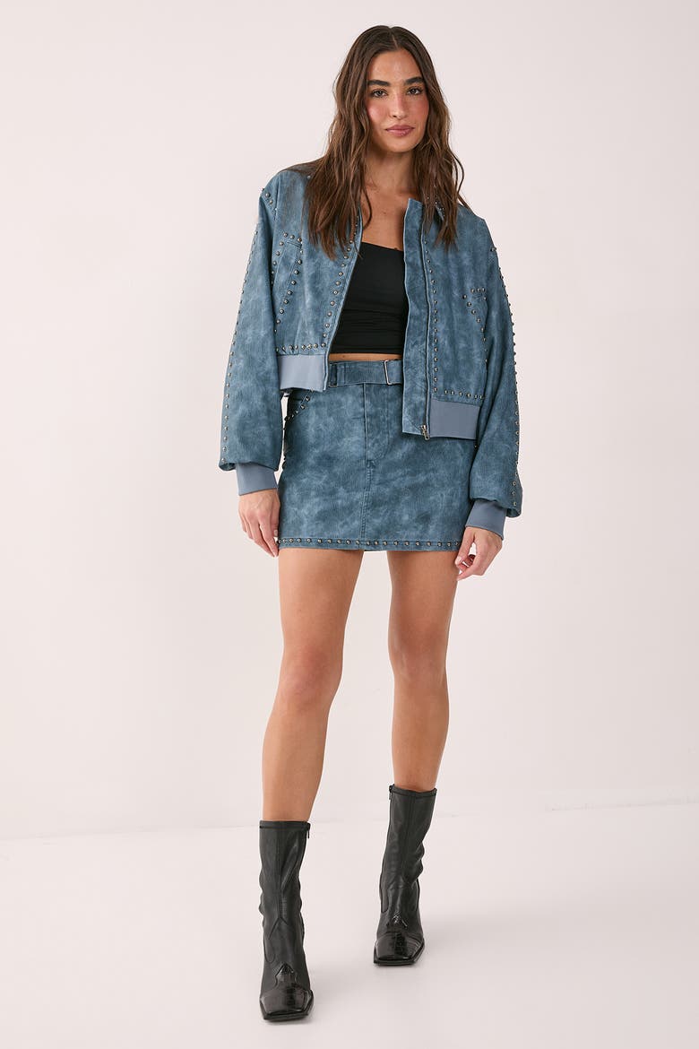 Leather Studded Bomber Jacket, Alternate, color, Blue