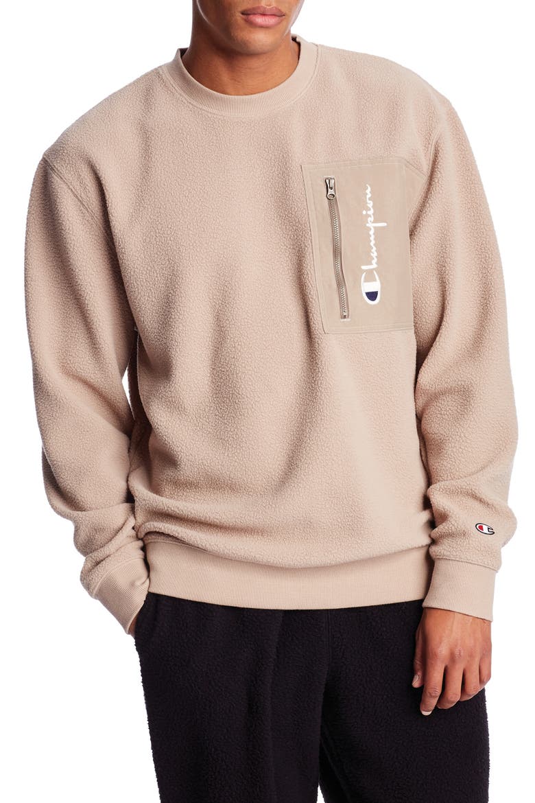 High Pile Fleece Crewneck Sweatshirt, Main, color, DARK KHAKI