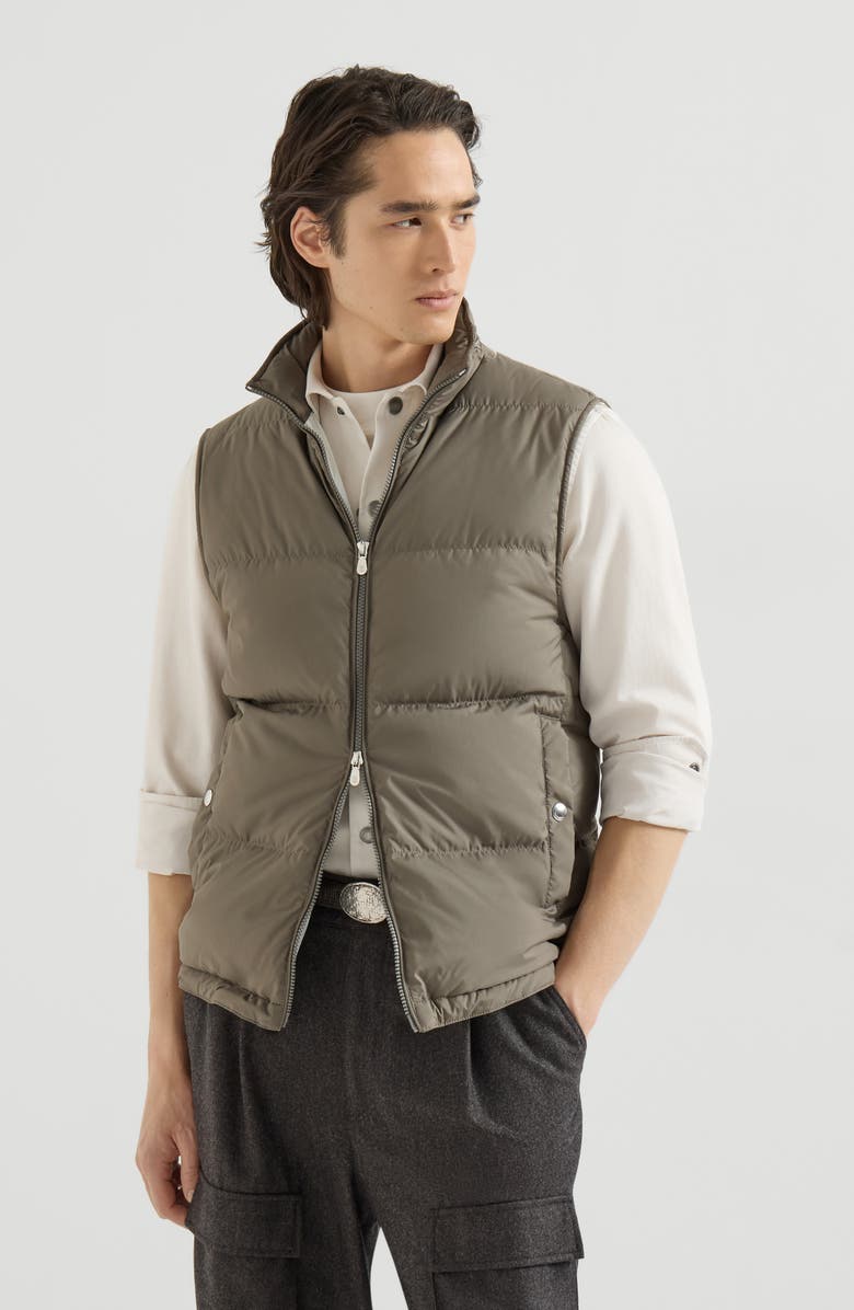 Brunello Cucinelli Lightweight techno fabric down vest with packable hood, Main, color, Military