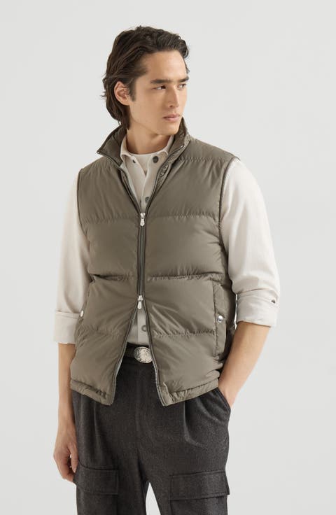 Lightweight techno fabric down vest with packable hood