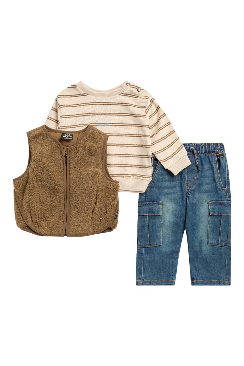 Pullover, Jeans & Faux Shearling Vest Set, Main, color, BROWN