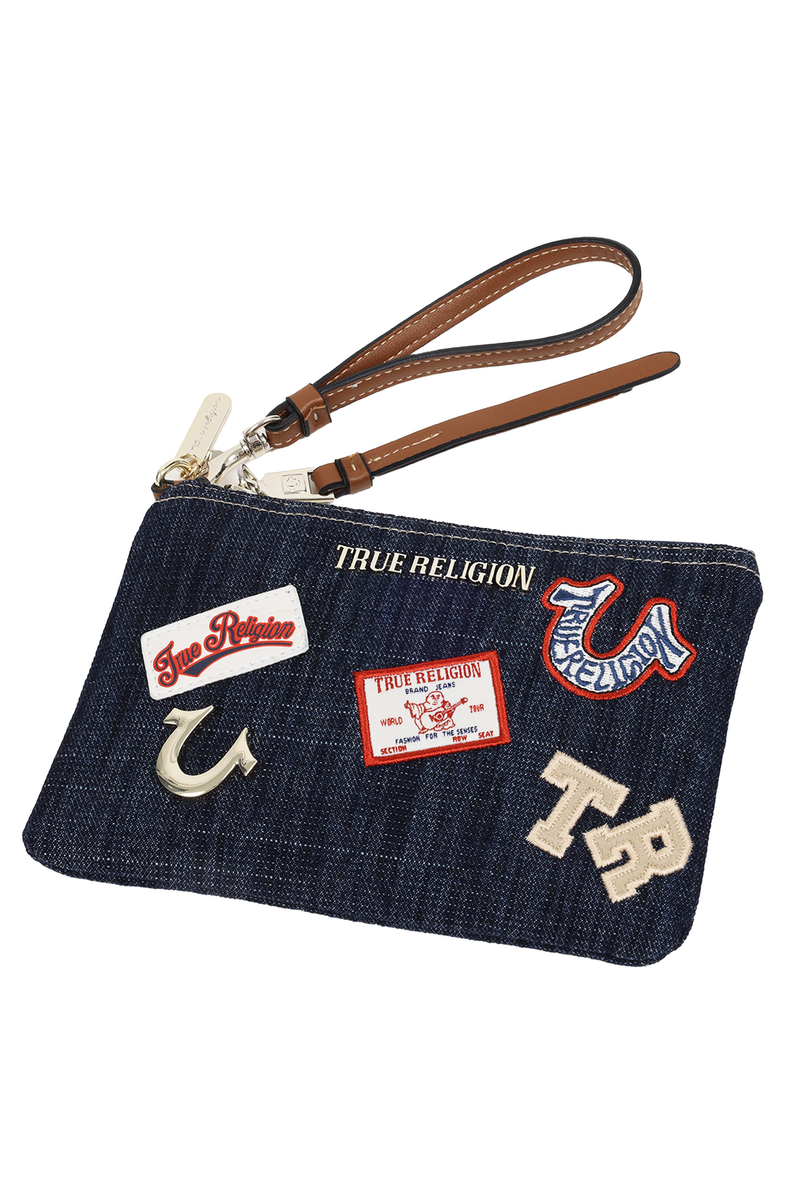 Patchwork Denim Wristlet Pouch, Alternate, color, DARK DENIM
