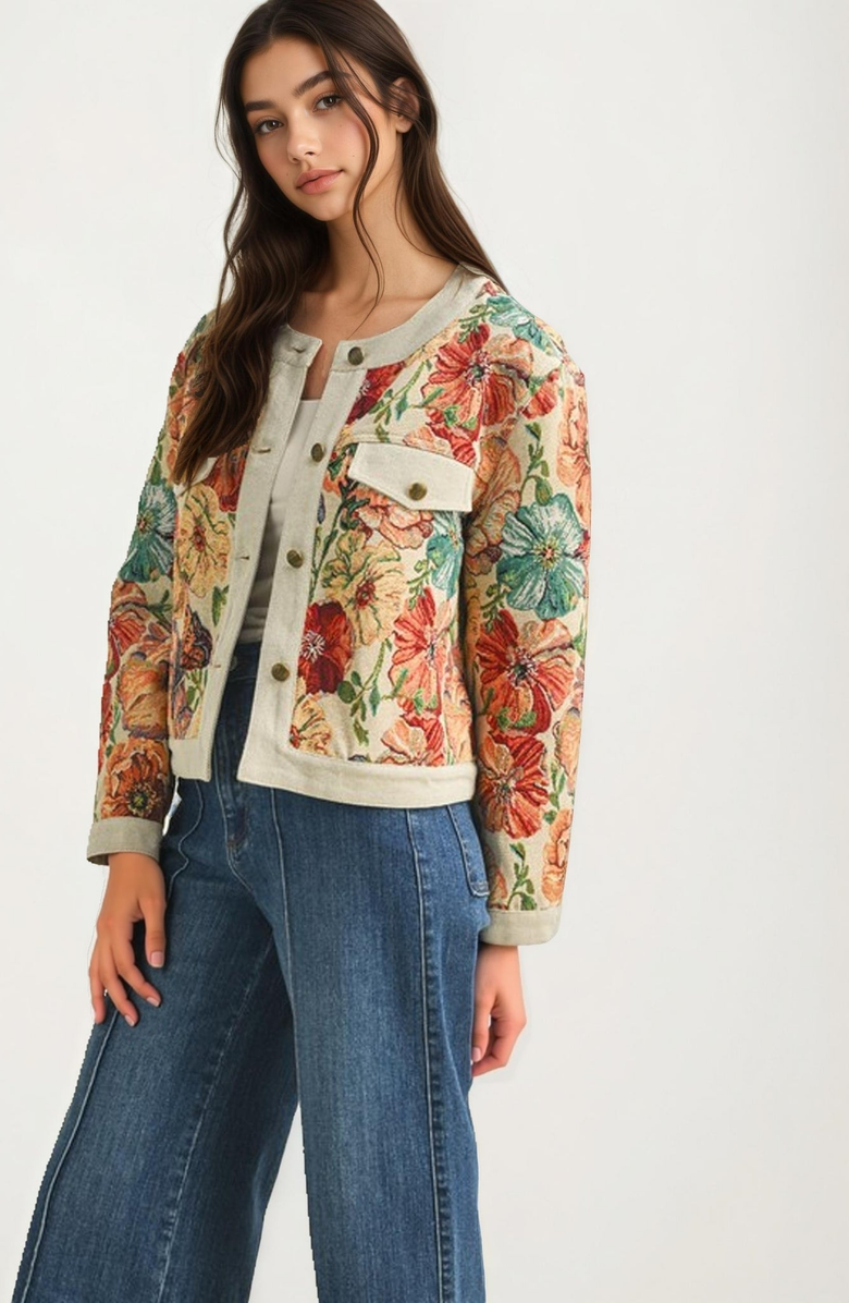 Knit and Lounge Floral Tapestry Button Front Cropped Jacket, Alternate, color, 