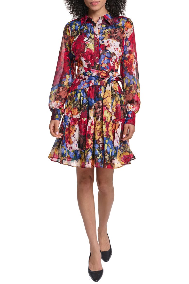Print Metallic Long Sleeve Dress, Main, color, PORT VINE MULTI