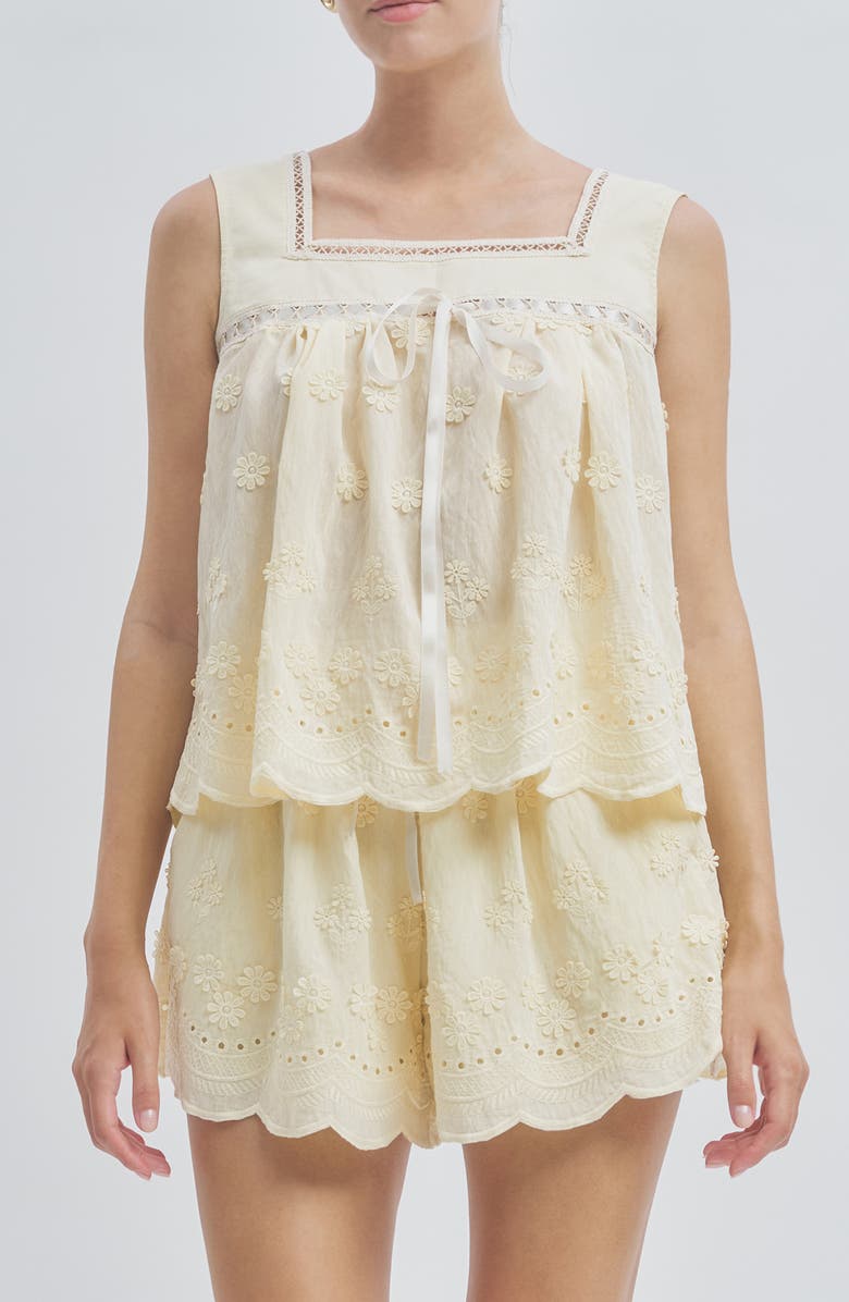 MAUDE CLUB Odette Floral Appliqué Babydoll Top, Main, color, Butter Yellow