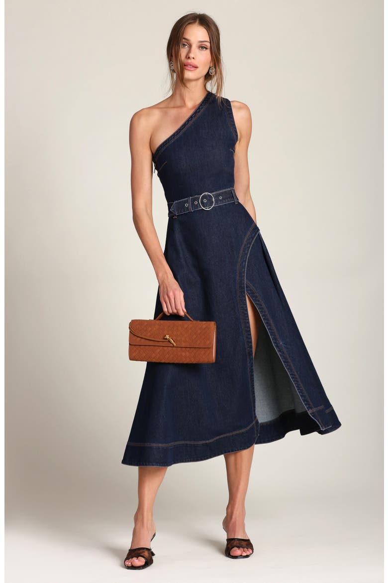 One-Shoulder Denim Midi Dress, Alternate, color, ROYAL RINSE