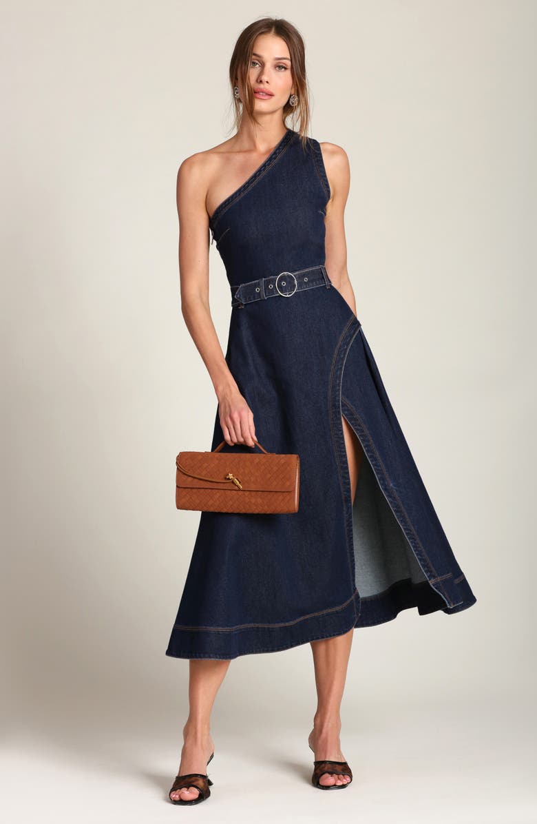 Avec Les Filles One-Shoulder Denim Midi Dress, Alternate, color, Royal Rinse