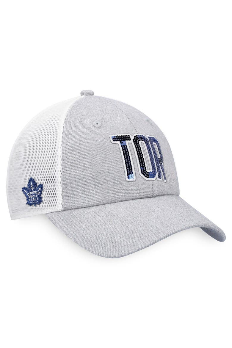 Women's  Fanatics Branded Heather Gray/White Toronto Maple Leafs Iconic Glimmer Trucker Snapback Hat, Main, color, Heather Gray