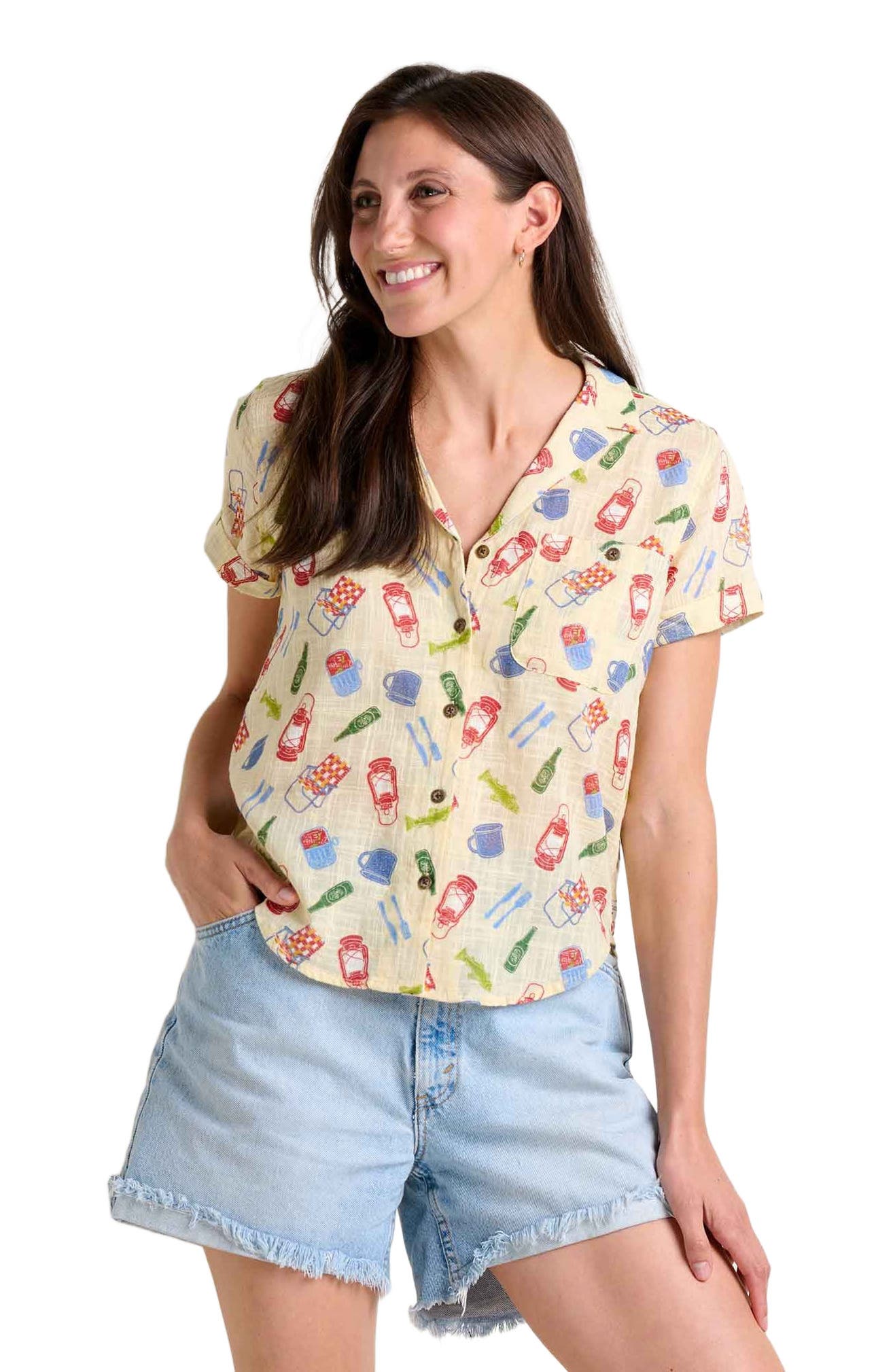 Toad & Co Camp Cove Short Sleeve Shirt in Barley Camping Print 