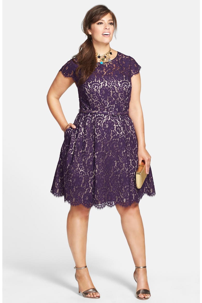 Belted Lace Fit & Flare Dress, Main, color, PURPLE