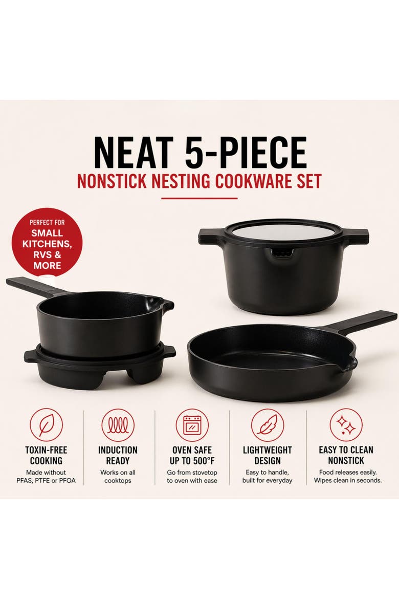 Neat Non-Toxic 5-Piece Stackable Ceramic Cookware Set, Alternate, color, Black