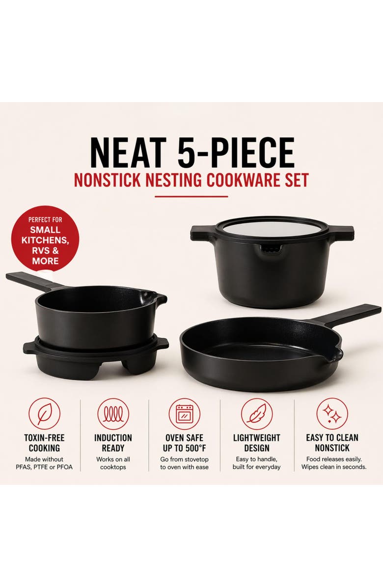 Alva Neat 5-Piece Nesting Ceramic Cookware Set, Alternate, color, Black