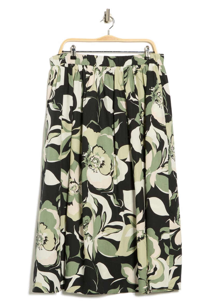 Floral Stretch Cotton Midi Skirt, Alternate, color, OLIVE MULTI