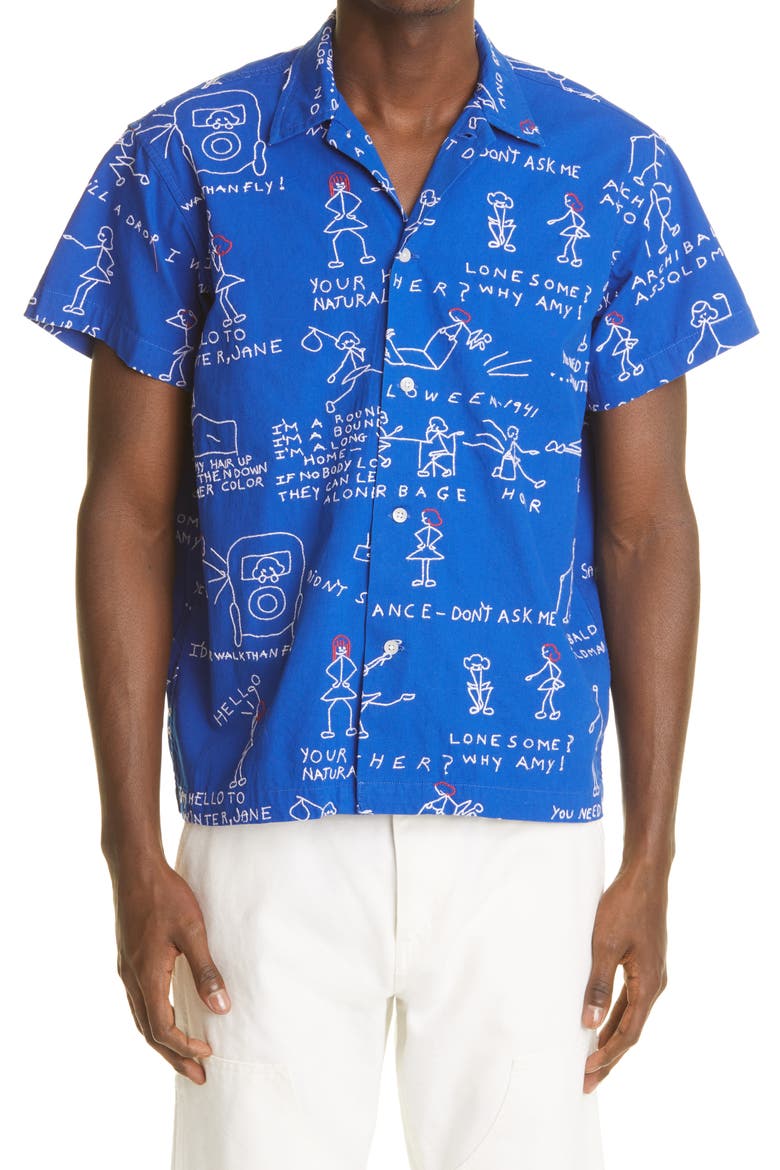 Doodle Scene Embroidered Short Sleeve Cotton Button-Up Shirt, Main, color, BLUE