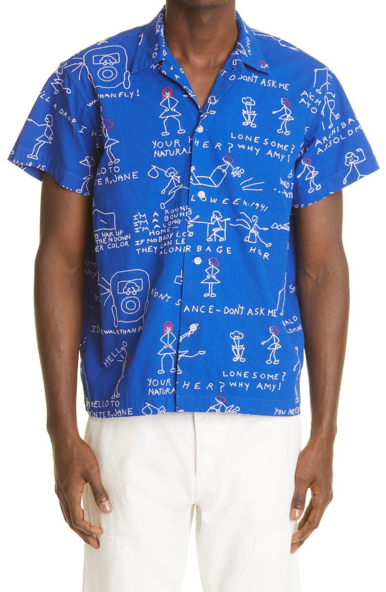 Bode Doodle Scene Embroidered Short Sleeve Cotton Button-Up Shirt, Main, color,
