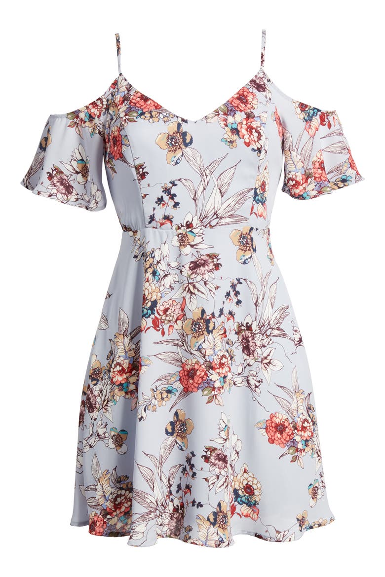 Off the Shoulder Fit & Flare Dress, Alternate, color, BLUE FLORAL