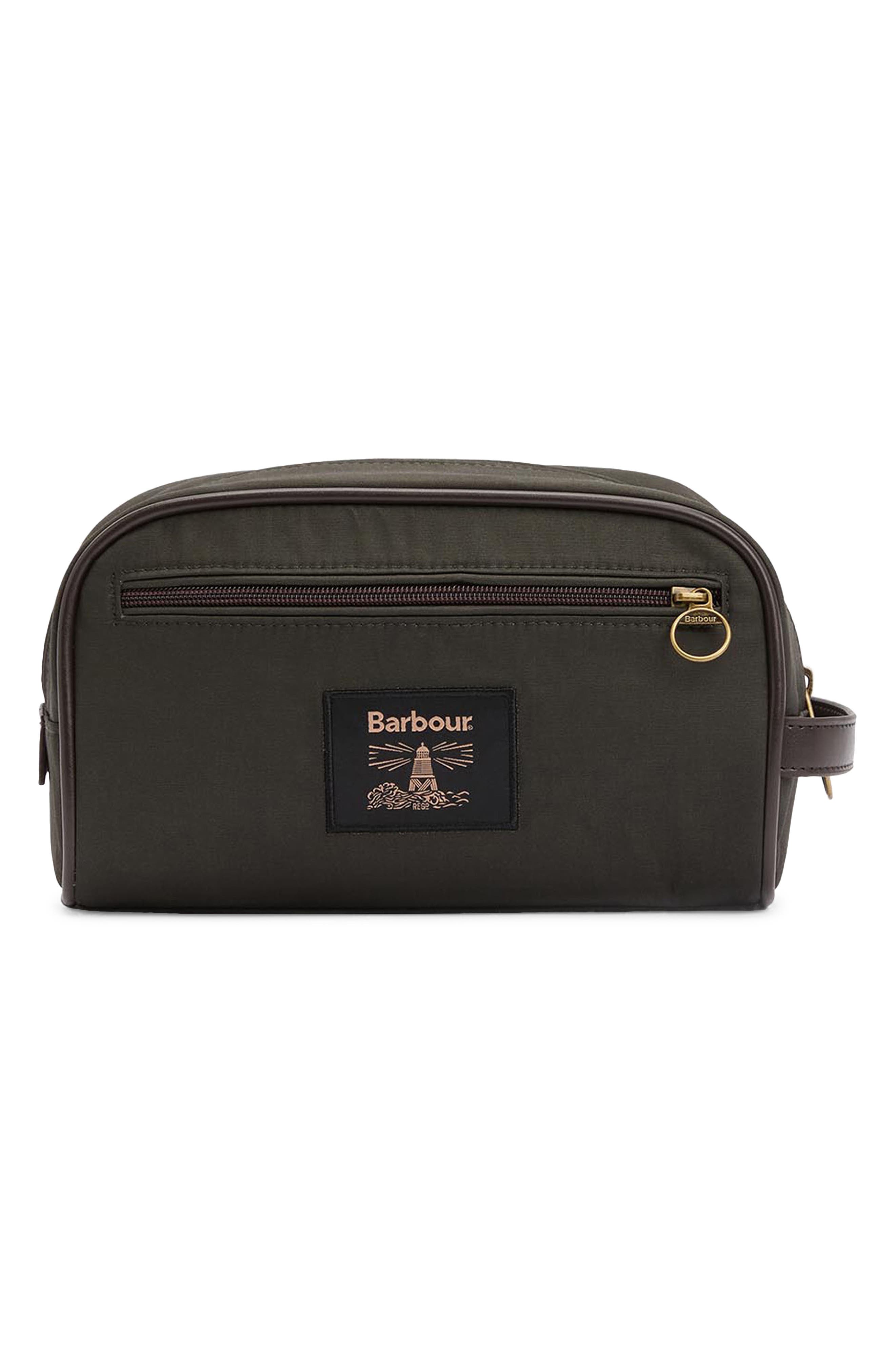 Barbour Waxed Cotton Wash Bag in Olive/Beacon 