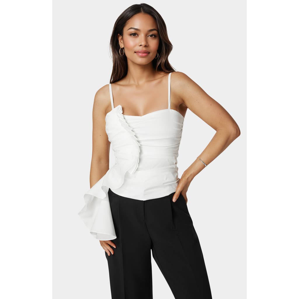 Bebe Poplin Asymmetric Ruffle Top In White