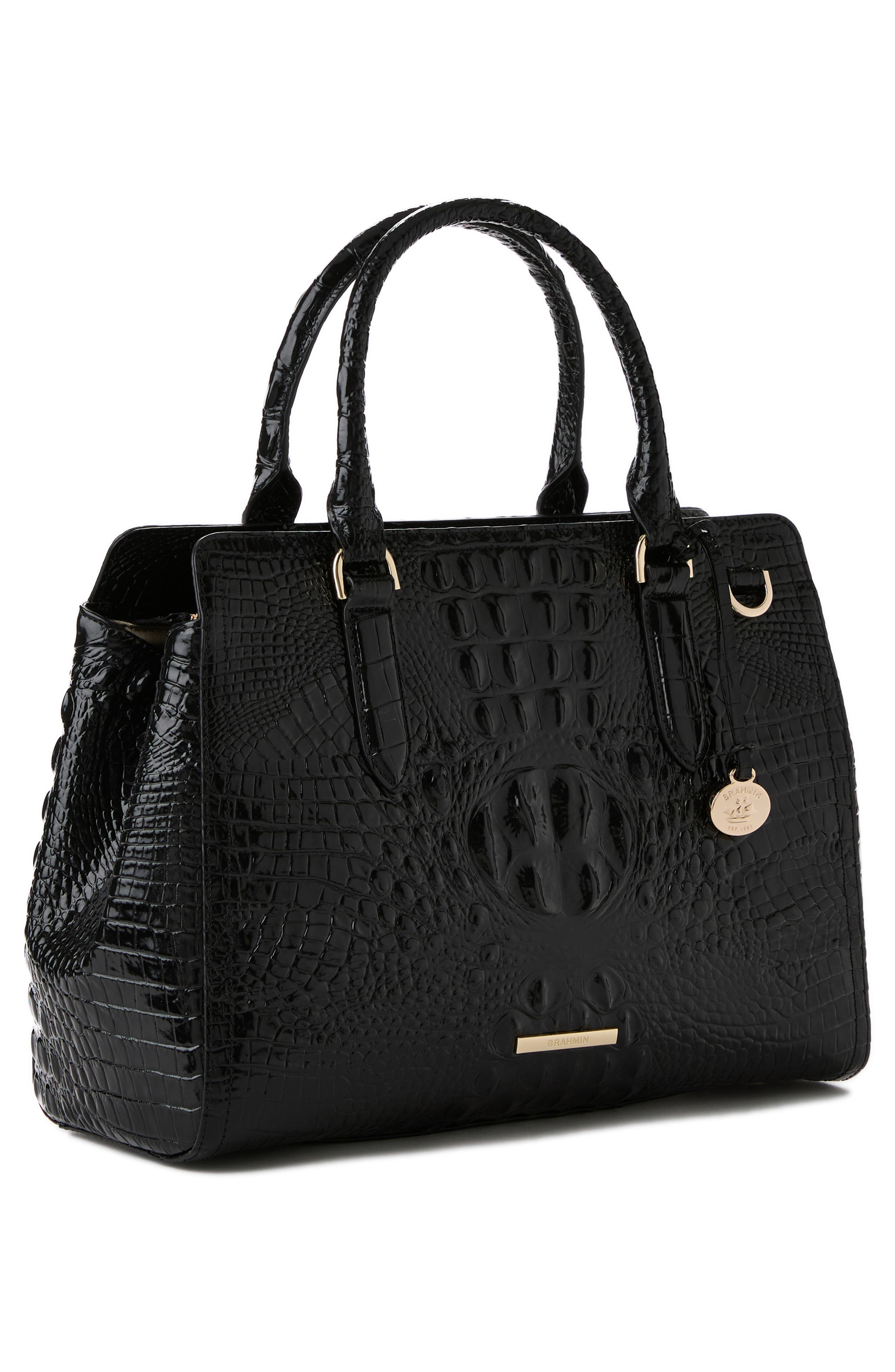 Brahmin Small Finley Croc Embossed Leather Satchel, Alternate, color, Black