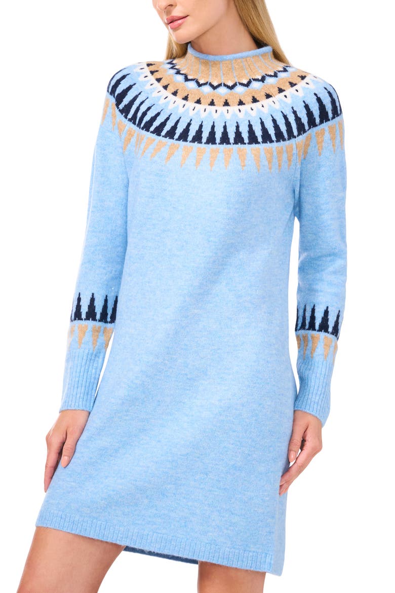 Fair Isle Funnel Neck Long Sleeve Sweater Dress, Alternate, color, BLUE HEATHER