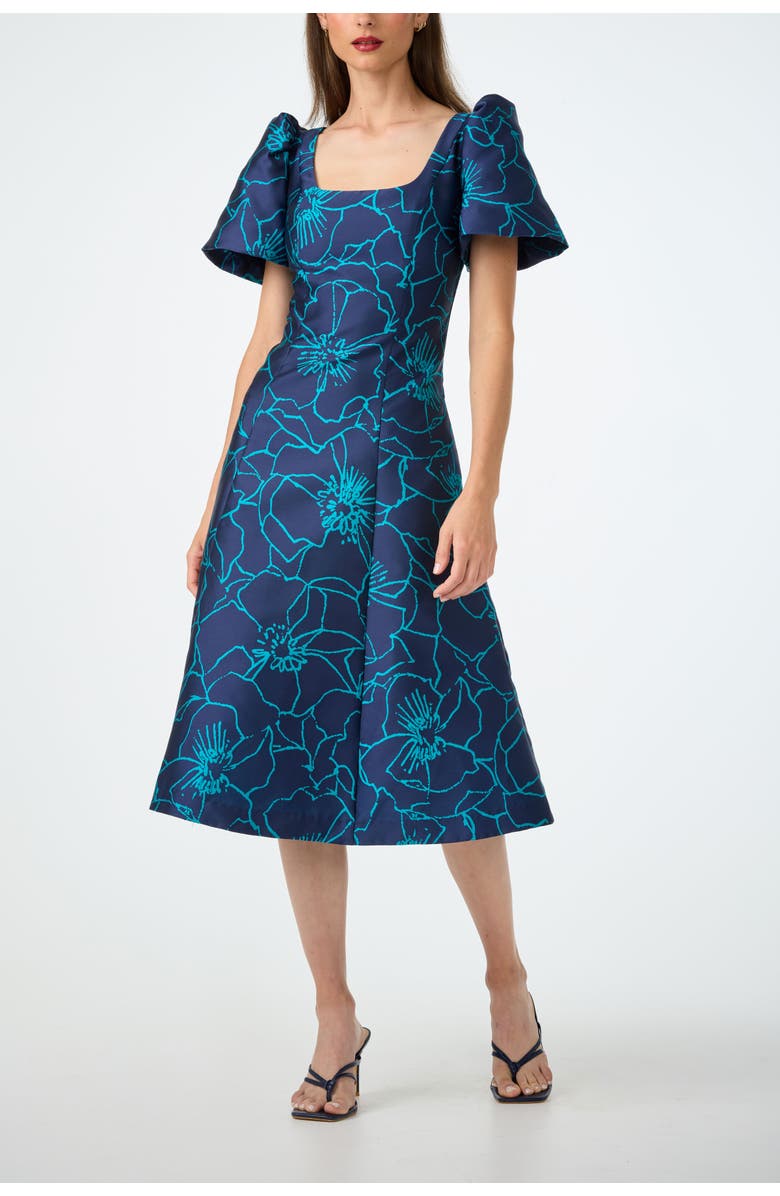 Trina Turk Valla Square Neck Jacquard Midi Dress, Main, color, Tidewater Teal/Ink