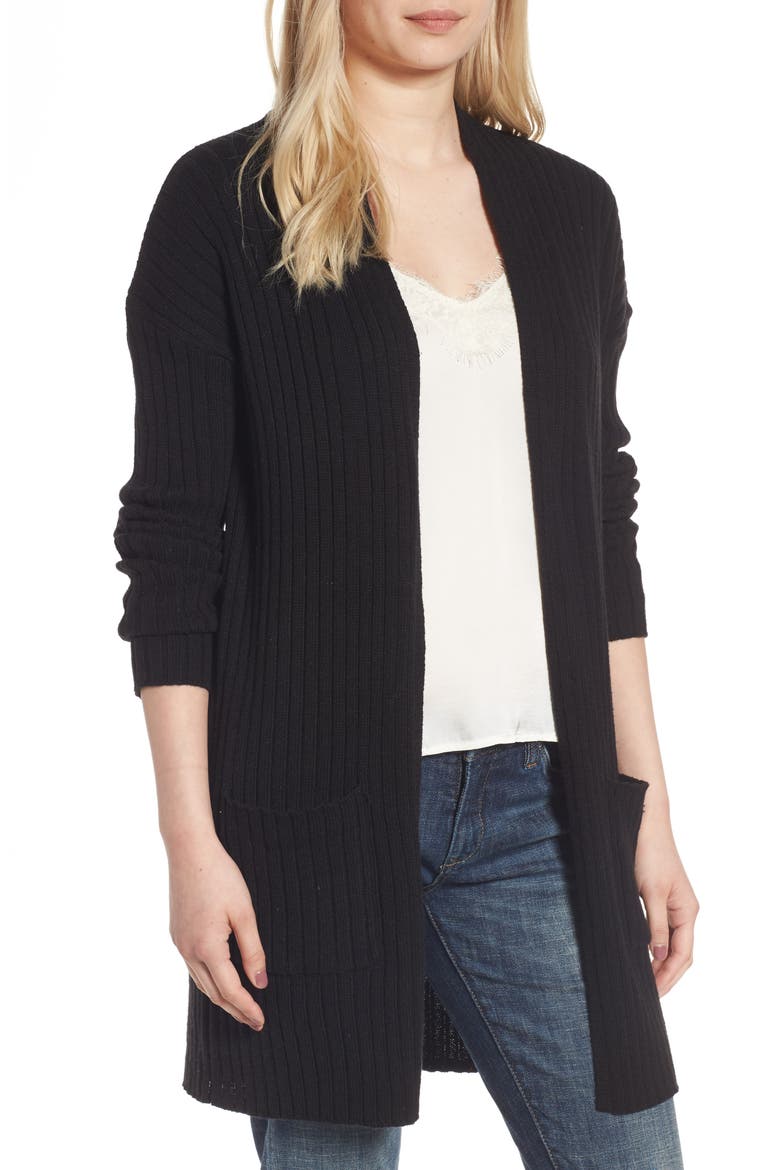 Rib Knit Cardigan, Main, color, BLACK
